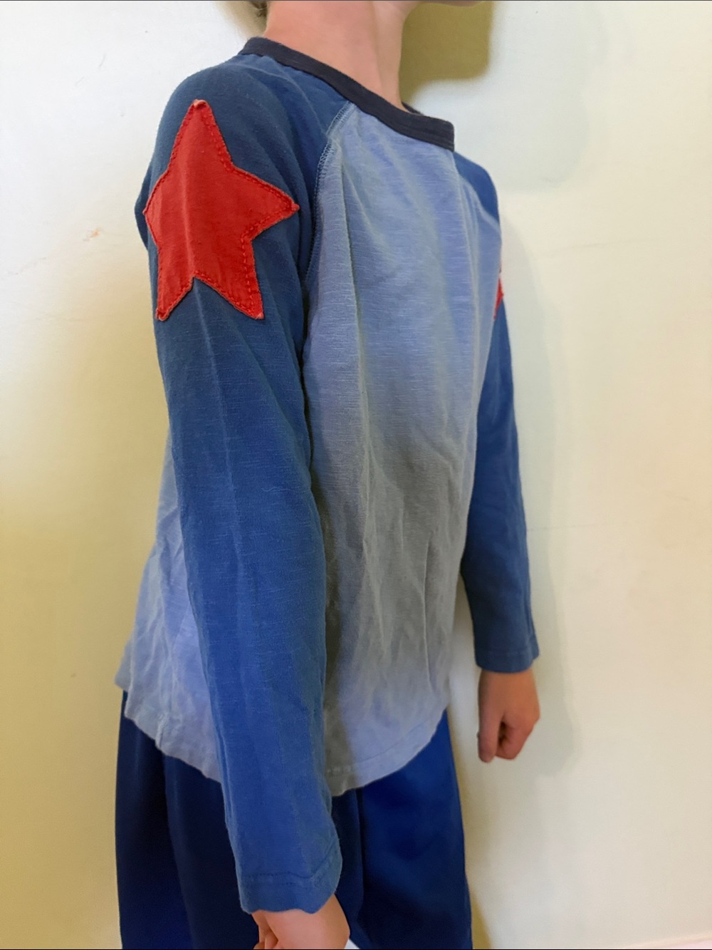 Mini Boden Light Blue and Navy Raglan Top with Red Star Detail